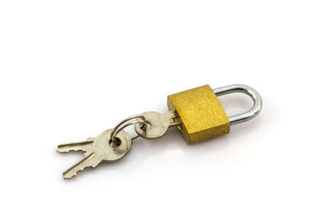 Close up key and lock on white background.