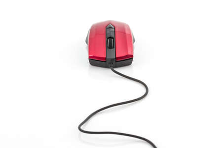 Contemporary red with black computer mouse on white background.