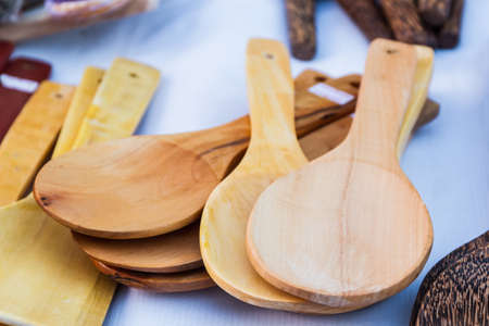 Group of Wooden spoon for sale at the market in Thailand.の写真素材