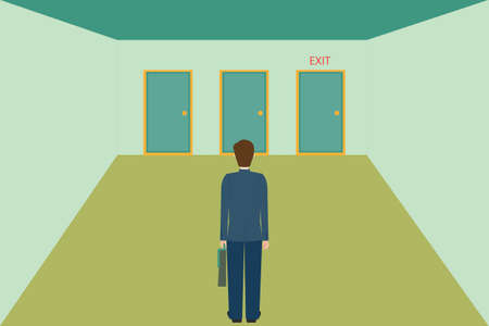 Businessman choosing the exit door, vector illustration.のイラスト素材