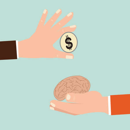 Businessman hand exchanging human brain and money, Vector illustration, concept idea.のイラスト素材