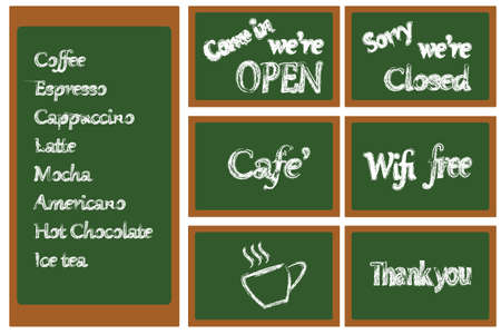 Blackboard banners about coffee shop, open, close, cafe,wifi, thank you .のイラスト素材