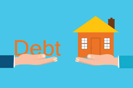 Home and debt font sitting on hand,debt concept cartoon flat design.のイラスト素材