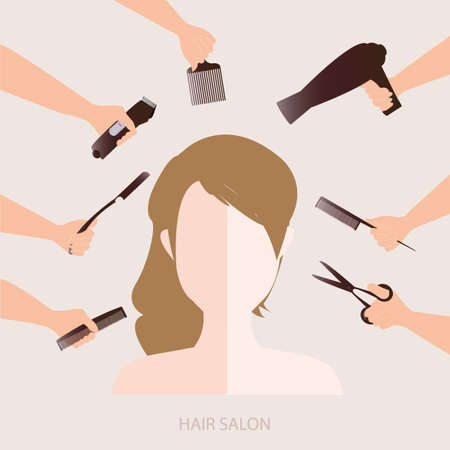 Women in beauty salon with accessories about hair cut, vector illustration.のイラスト素材