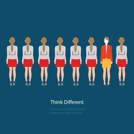 Red business woman standing different grey business women, think different, vector illustration.のイラスト素材