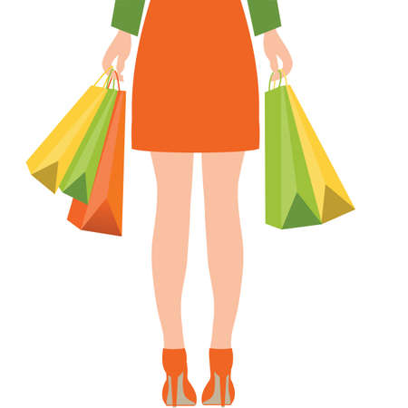 Back of woman holding shopping bags,Flat design vector illustration.のイラスト素材