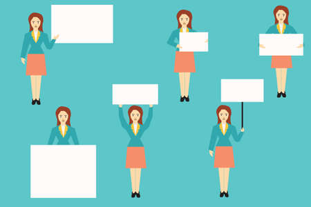 Set of woman holding blank white banner in various action,vector illustration, concept business.のイラスト素材