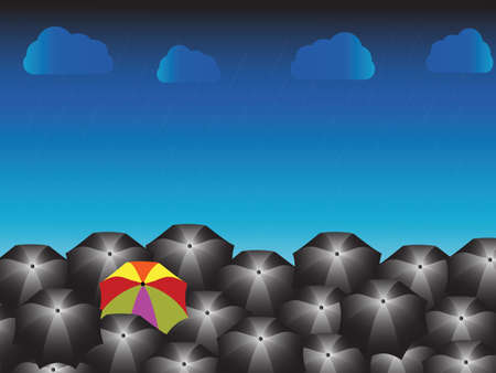 One rainbow umbrella and many blacks with rainy day, different businessman concept, Vector illustration.のイラスト素材