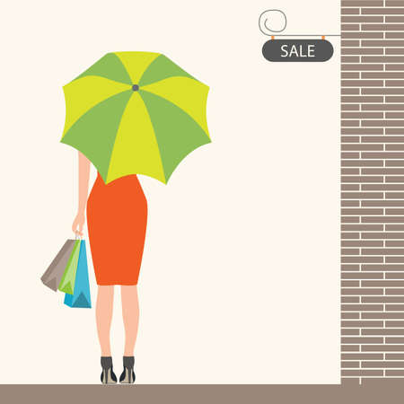 Back of woman holding shopping bags and umbrella with sale sign ,Flat design vector illustration.のイラスト素材