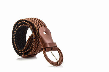 Brown leather belt for female on white background.
