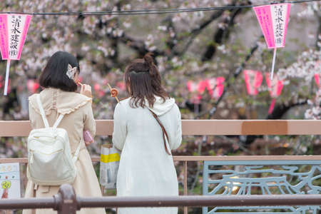 Tokyo, Japan - April 7, 2016:  Japanese girls see beauty of Cherry blossom or Sakura at Meguro Canal in Tokyo, Landmark see of cherry blossom season.のeditorial素材