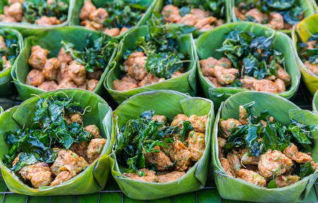 Fried Fish Cakes (Tod Man Pla) for sale in market,Thai cuisine.の写真素材