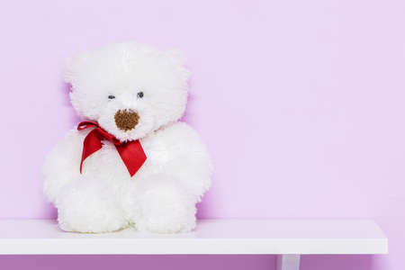 White teddy bear on shelf. White doll bear on the pink background.の写真素材