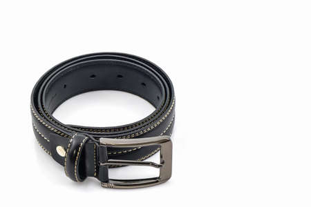 Black leather belt for men on white background.の写真素材
