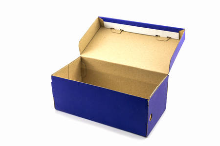Blue shoe box on white background. Paper box for shoes, electronic device and other products.の写真素材