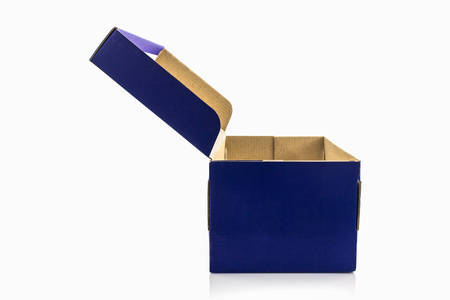 Blue shoe box  on white background. Paper box for shoes, electronic device and other products.