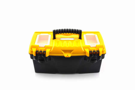 Yellow tool box, Plastic tool box on white background.の写真素材