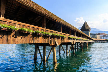 View at the Chapel bridge over Reuss river in Luzern (Lucerne), Switzerland.の写真素材