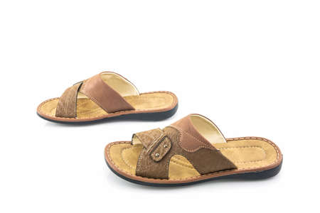 Men brown leather sandals or flip flop shoes on white background.の写真素材