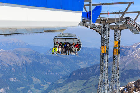 Mt. Titlis, Switzerland - May 28, 2017: Skier sitting atのeditorial素材