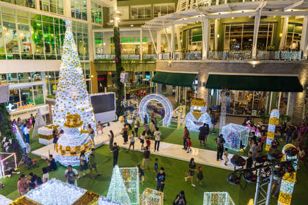 HuaHin, Thailand - December 16, 2017: Christmas and happy new year celebration decorative light in front of HuaHin Market Village shopping mall in HuaHin Thailand.のeditorial素材
