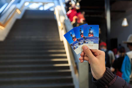 Mt. Titlis, Switzerland - May 28, 2017: Ticket from a gondola of the Rotair cable car to peak Mt. Titlis in Switzerland.のeditorial素材