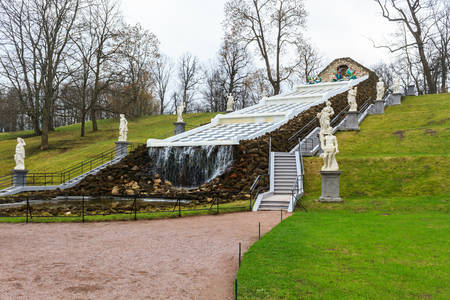 Saint Petersburg, Russia - May 2, 2018: Artificial waterfall in The Peterhof Palace garden. St. Petersburg, Russia.のeditorial素材