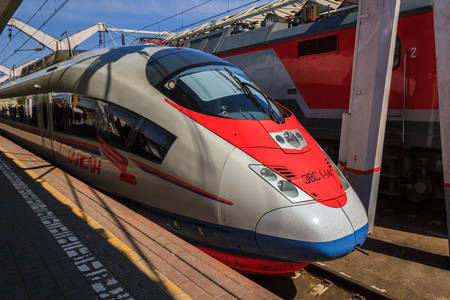 Moscow, Russia - May 3, 2018: High speed Sapsan train on a platform at Lenigradsky railway station ready to depart from Moscow to St. Petersburg.のeditorial素材