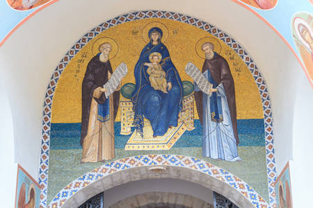 Moscow, Russia - May 4, 2018: Fresco Painting on the wall of the Church in The Holy Trinity-St. Sergius Lavra, Sergiev Posad, Moscow district, Russia.のeditorial素材