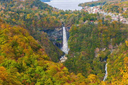 Kegon Falls and Chuzenji lake in autumn view at Akechidaira Ropeway Station, Nikko, Japan.のeditorial素材