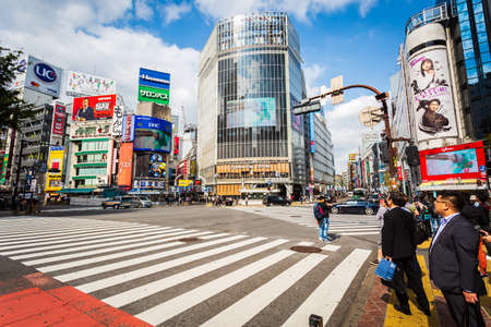 Tokyo, Japan - October 18, 2018: View of Shibuya Crossing, one of the busiest crosswalks in the world. Shibuya, Tokyo, Japan.のeditorial素材