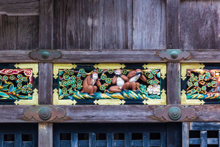 Famous three Wise Monkeys at the Nikko Toshogu Shrine temple in Nikko, Japan.のeditorial素材