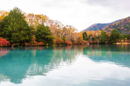 View of Yunoko lake in autumn season at Nikko national park, Nikko, Tochigi, Japan.の写真素材
