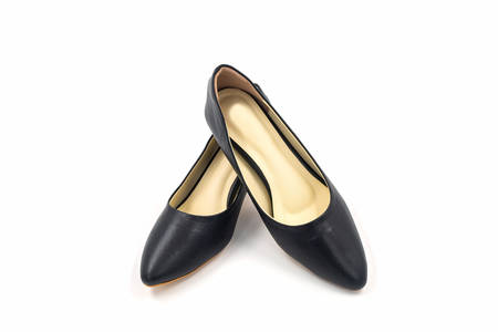 Black female high heeled leather shoes isolated on white background.の写真素材