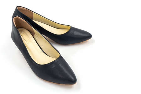 Black female high heeled leather shoes isolated on white background.の写真素材