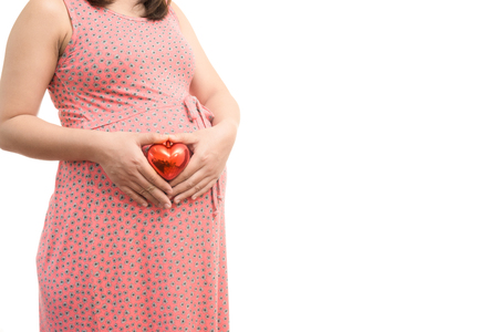 Pregnant woman belly holding gift heart. Healthy pregnancy isolate on white backgroundの写真素材