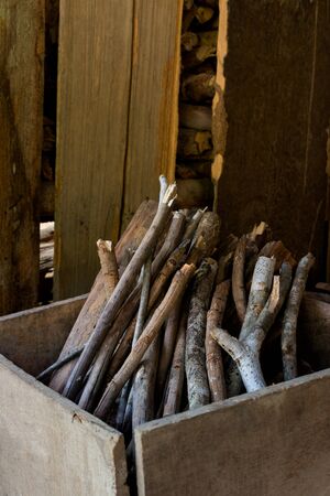 Firewood in wooden boxの写真素材