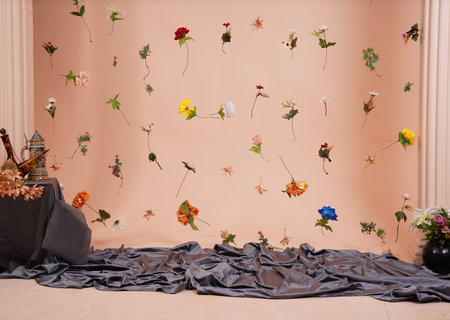 Wedding decoration with flowers and candles on a brown background.の写真素材