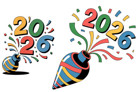Happy New Year 2020 and fireworks. Vector illustration on white background.
