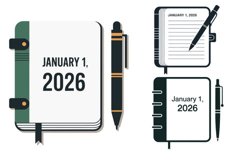 Set of flat design notebooks, diary and pen. Vector illustration.のイラスト素材