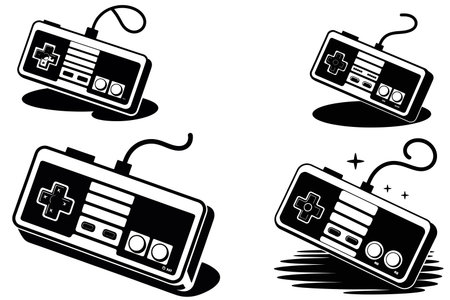 Set of four game consoles in black and white. Vector illustration.のイラスト素材