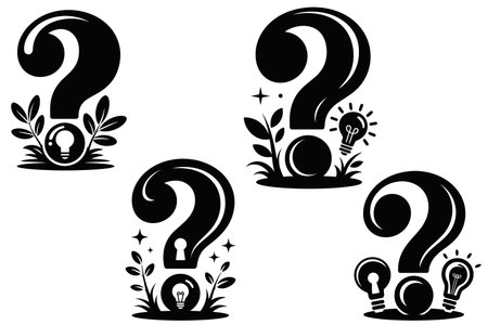 Question marks with lightbulbs. Black and white vector illustration.のイラスト素材