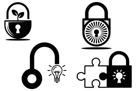 set of icons with lock, puzzle, key and lightbulbのイラスト素材