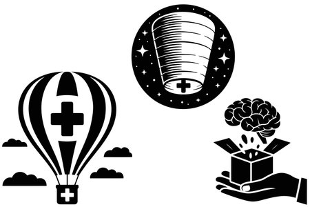 Hot air balloon in the sky. Black and white vector illustration.のイラスト素材