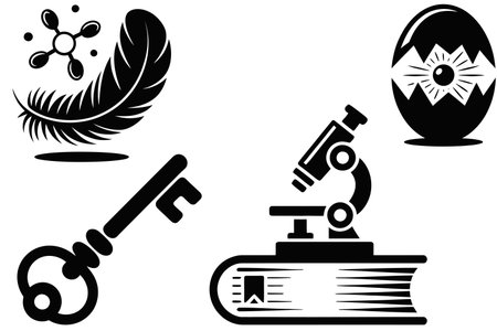 Microscope, feather, book and egg isolated on a white backgroundのイラスト素材