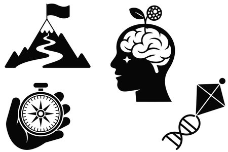 Human head with a compass and a brain, black and white vector illustrationのイラスト素材