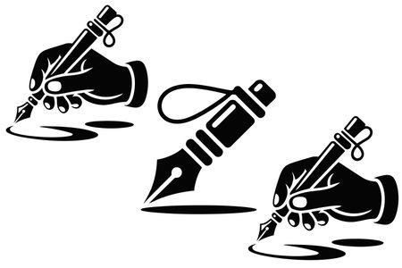 Hand writing with a fountain pen, black and white vector illustration.のイラスト素材