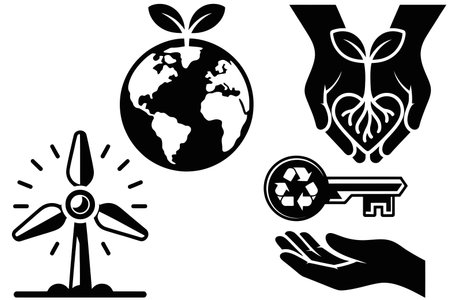 Ecology icons set with earth, windmill, hand and globeのイラスト素材