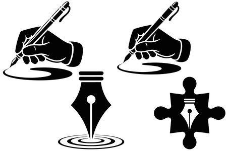 Pen and fountain pen in hand.Vector illustration ready for vinyl cutting.のイラスト素材