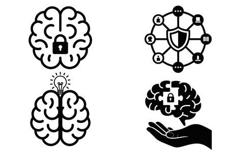 Brainstorming icons set with human brain, lamp and puzzle piecesのイラスト素材